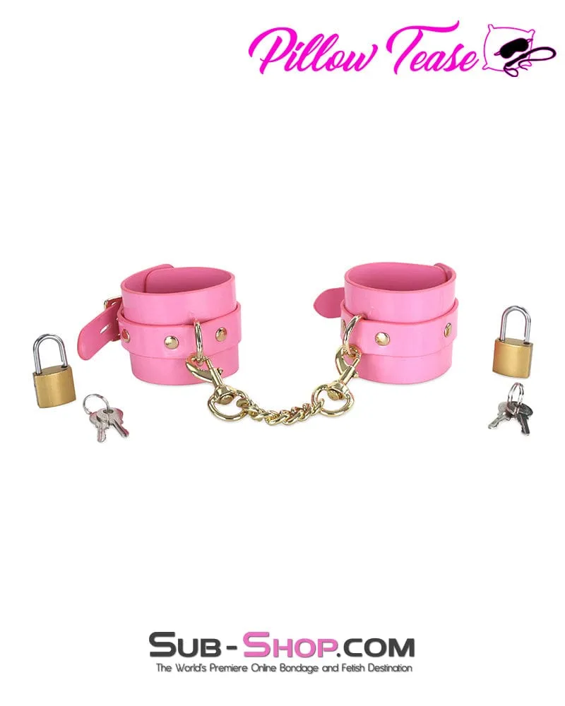 0986DL      Pink Patent Leather Bondage Cuffs with Gold Hardware