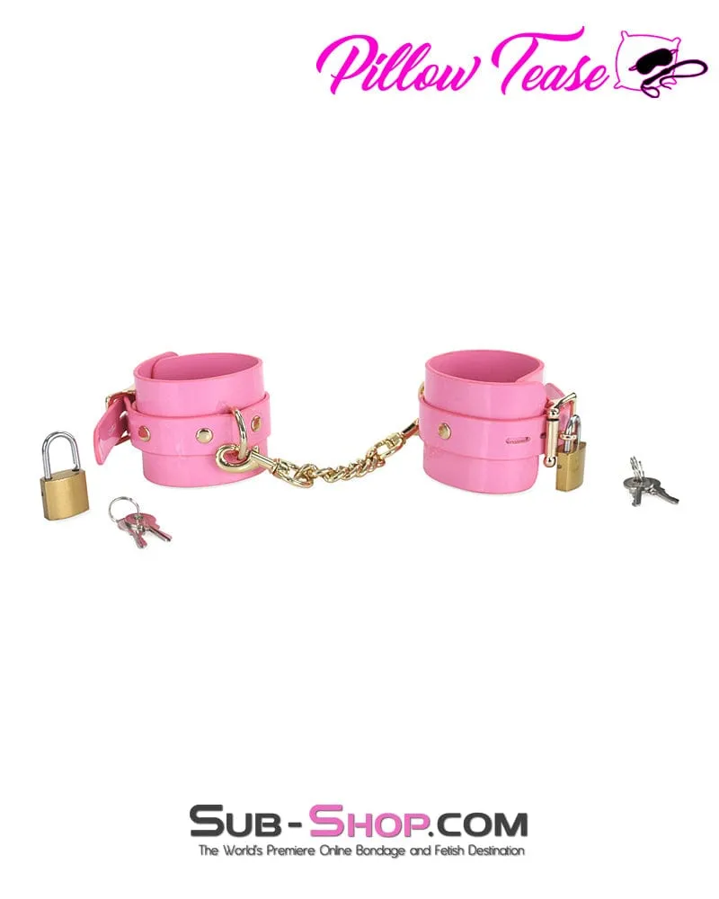 0986DL      Pink Patent Leather Bondage Cuffs with Gold Hardware