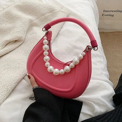 Back To College Deanwangkt Kawaii Tote PU Leather Half Moon Armpit Bag With Pearl Short Handle Women's Designer Handbag Luxury Shoulder Crossbody Bag