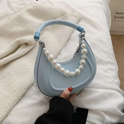 Back To College Deanwangkt Kawaii Tote PU Leather Half Moon Armpit Bag With Pearl Short Handle Women's Designer Handbag Luxury Shoulder Crossbody Bag