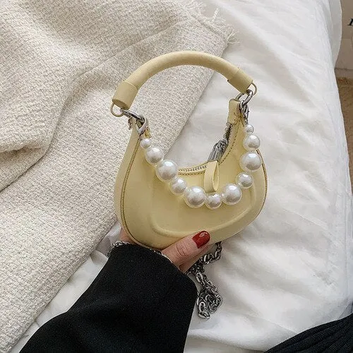 Back To College Deanwangkt Kawaii Tote PU Leather Half Moon Armpit Bag With Pearl Short Handle Women's Designer Handbag Luxury Shoulder Crossbody Bag