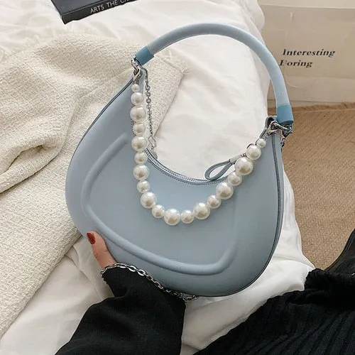 Back To College Deanwangkt Kawaii Tote PU Leather Half Moon Armpit Bag With Pearl Short Handle Women's Designer Handbag Luxury Shoulder Crossbody Bag