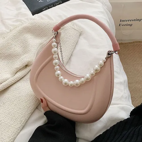 Back To College Deanwangkt Kawaii Tote PU Leather Half Moon Armpit Bag With Pearl Short Handle Women's Designer Handbag Luxury Shoulder Crossbody Bag