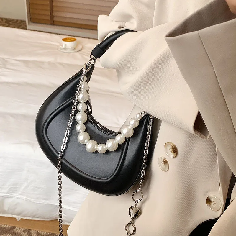 Back To College Deanwangkt Kawaii Tote PU Leather Half Moon Armpit Bag With Pearl Short Handle Women's Designer Handbag Luxury Shoulder Crossbody Bag