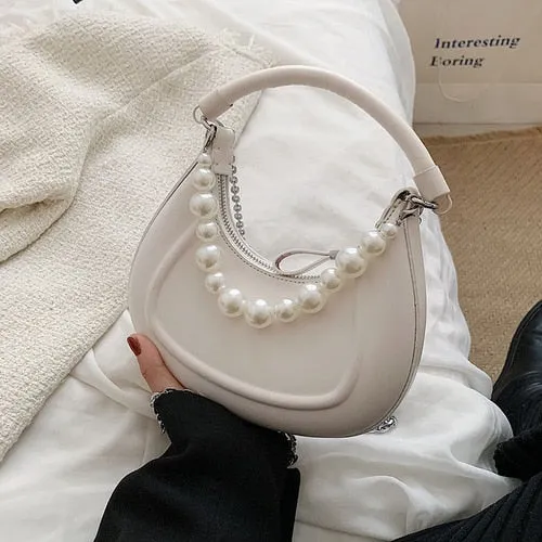 Back To College Deanwangkt Kawaii Tote PU Leather Half Moon Armpit Bag With Pearl Short Handle Women's Designer Handbag Luxury Shoulder Crossbody Bag