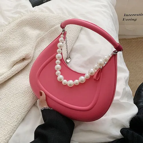 Back To College Deanwangkt Kawaii Tote PU Leather Half Moon Armpit Bag With Pearl Short Handle Women's Designer Handbag Luxury Shoulder Crossbody Bag