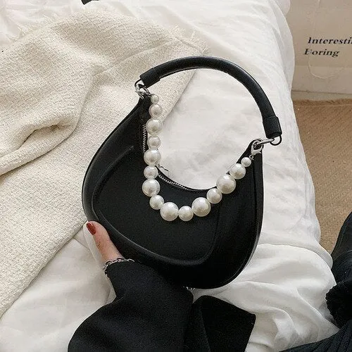 Back To College Deanwangkt Kawaii Tote PU Leather Half Moon Armpit Bag With Pearl Short Handle Women's Designer Handbag Luxury Shoulder Crossbody Bag