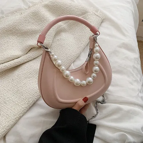 Back To College Deanwangkt Kawaii Tote PU Leather Half Moon Armpit Bag With Pearl Short Handle Women's Designer Handbag Luxury Shoulder Crossbody Bag