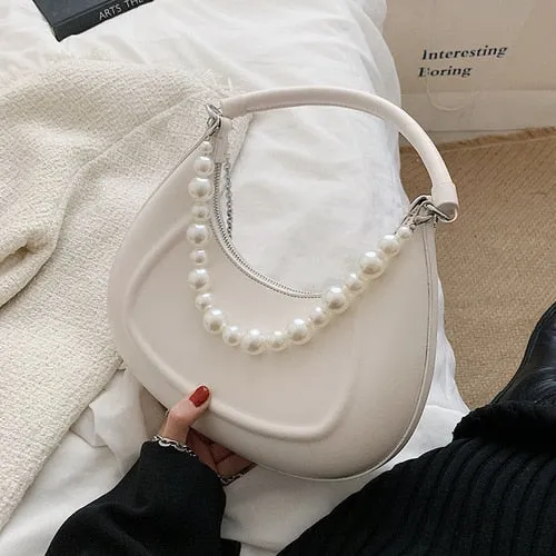 Back To College Deanwangkt Kawaii Tote PU Leather Half Moon Armpit Bag With Pearl Short Handle Women's Designer Handbag Luxury Shoulder Crossbody Bag