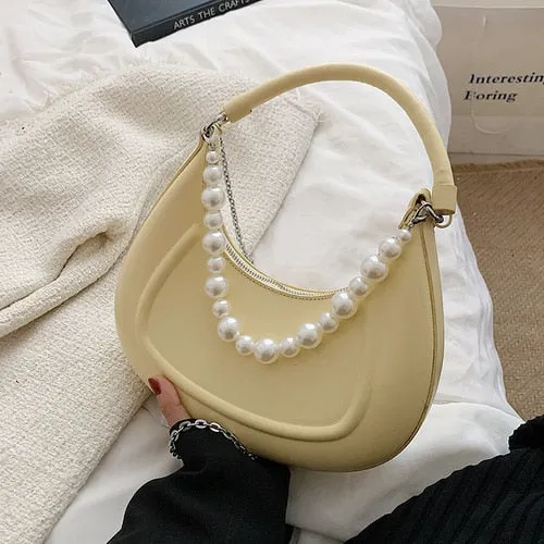 Back To College Deanwangkt Kawaii Tote PU Leather Half Moon Armpit Bag With Pearl Short Handle Women's Designer Handbag Luxury Shoulder Crossbody Bag