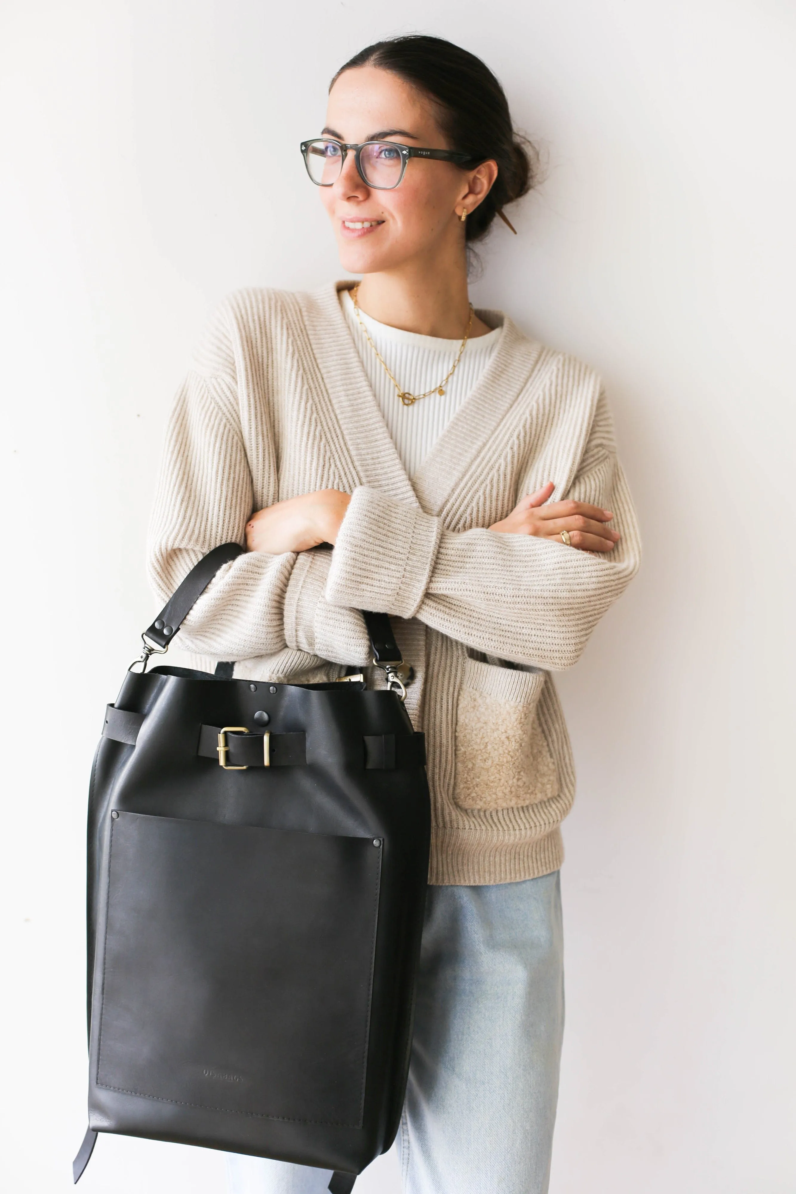 Black Large Leather Backpack with Front Pocket