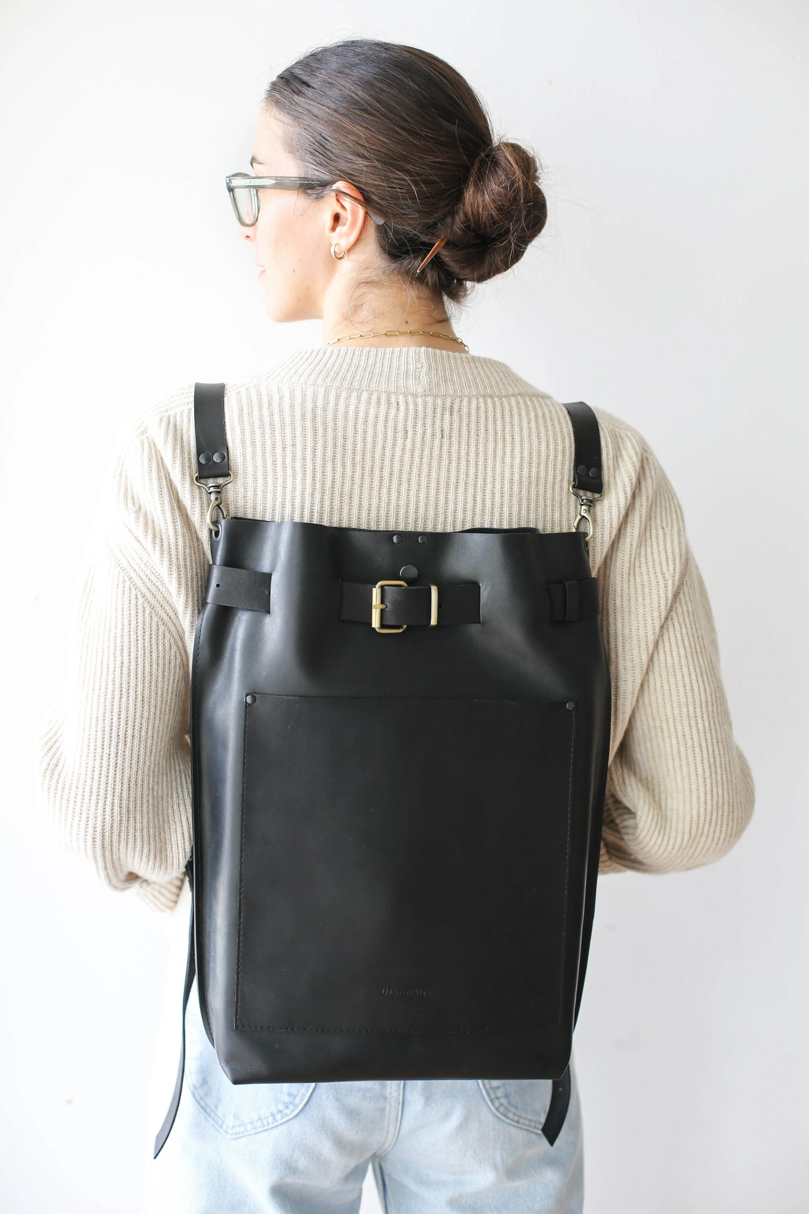 Black Large Leather Backpack with Front Pocket