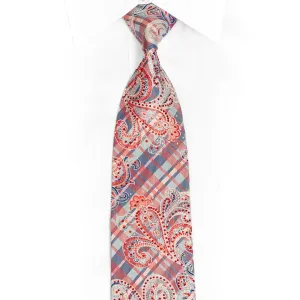 Blue Pink Silver Plaid & Paisley Rhinestone Silk Tie