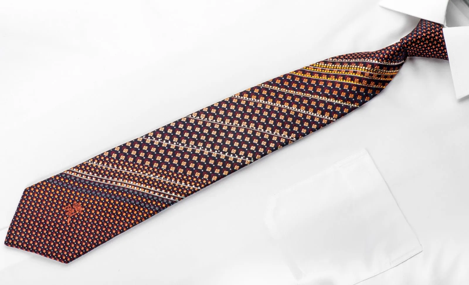 Countess Mara Men's Silk Rhinestone Tie Orange Burgundy Micro Squares On Blue With Silver Sparkles