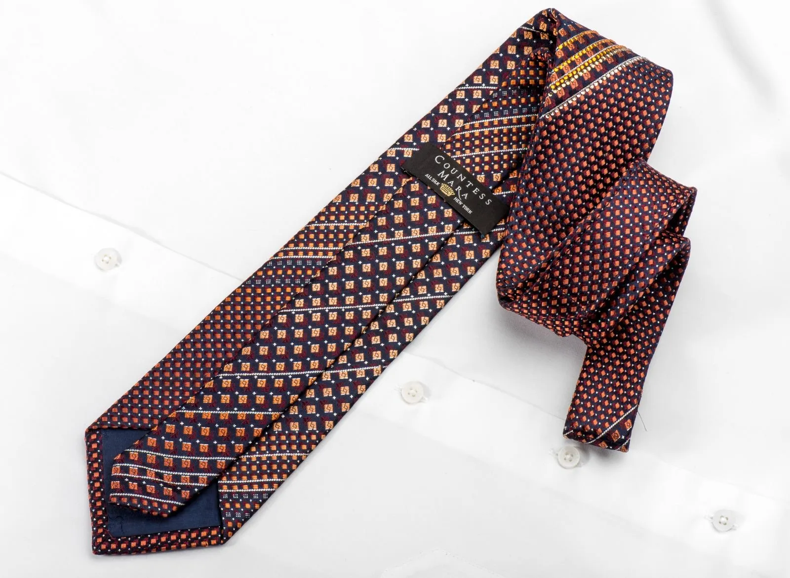 Countess Mara Men's Silk Rhinestone Tie Orange Burgundy Micro Squares On Blue With Silver Sparkles