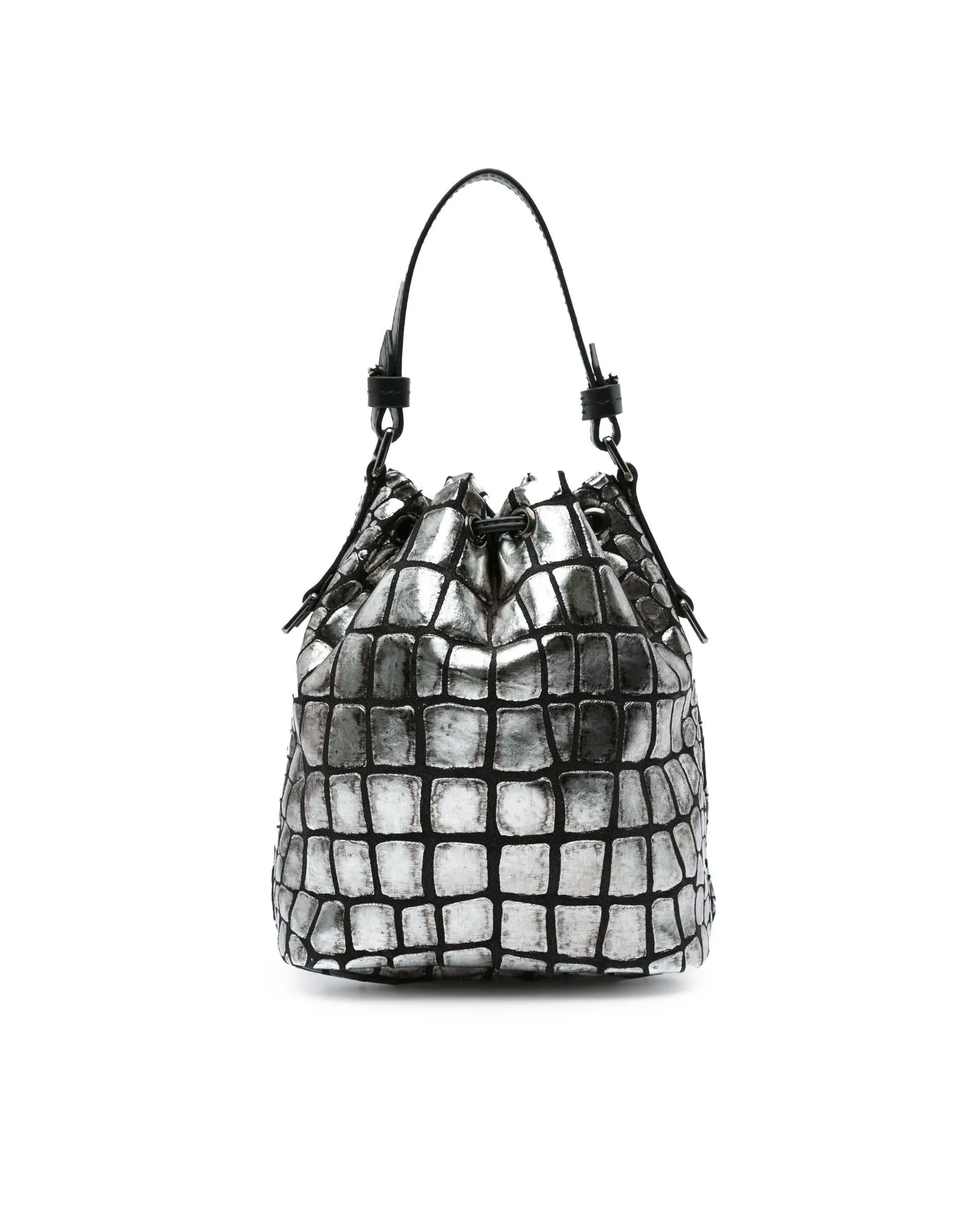 Croc Embossed Leather Drawstring Bucket Bag