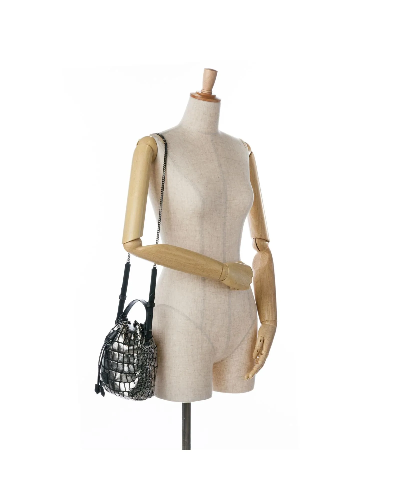 Croc Embossed Leather Drawstring Bucket Bag