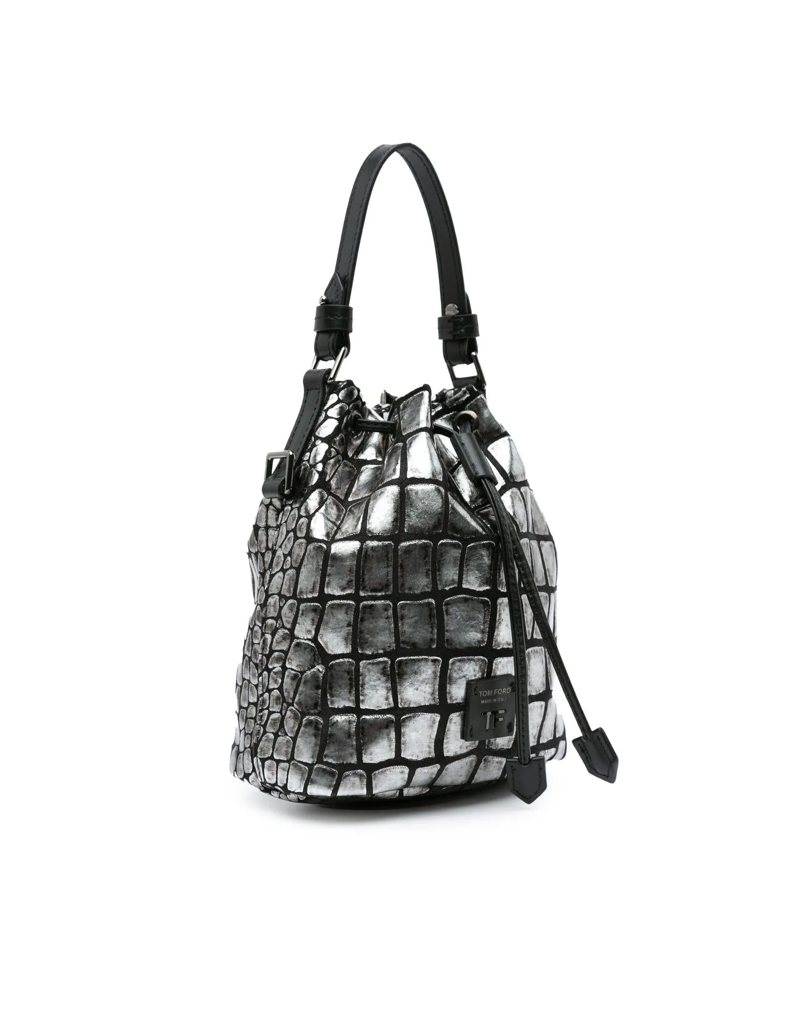 Croc Embossed Leather Drawstring Bucket Bag