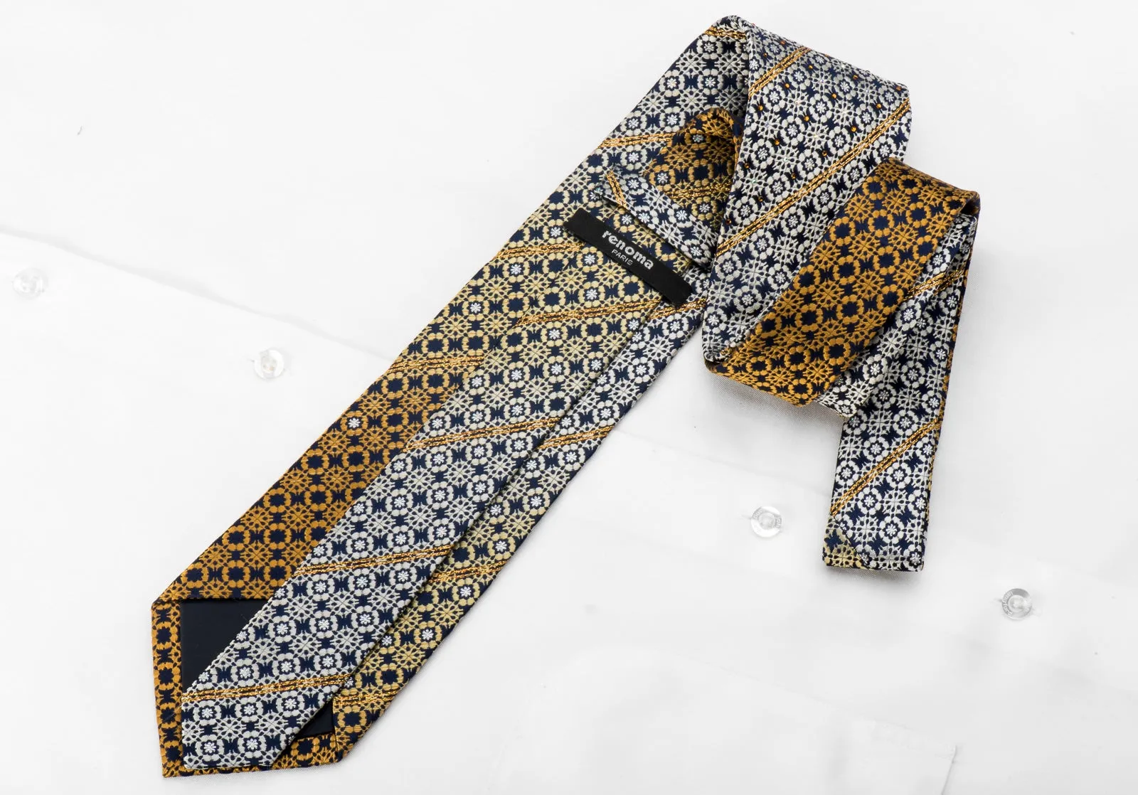 Crystal Necktie Orange Silver Geometric On Navy Silk With Gold Sparkles