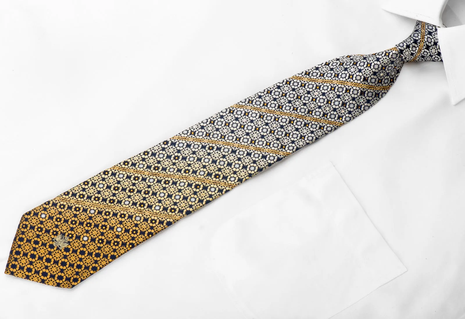 Crystal Necktie Orange Silver Geometric On Navy Silk With Gold Sparkles