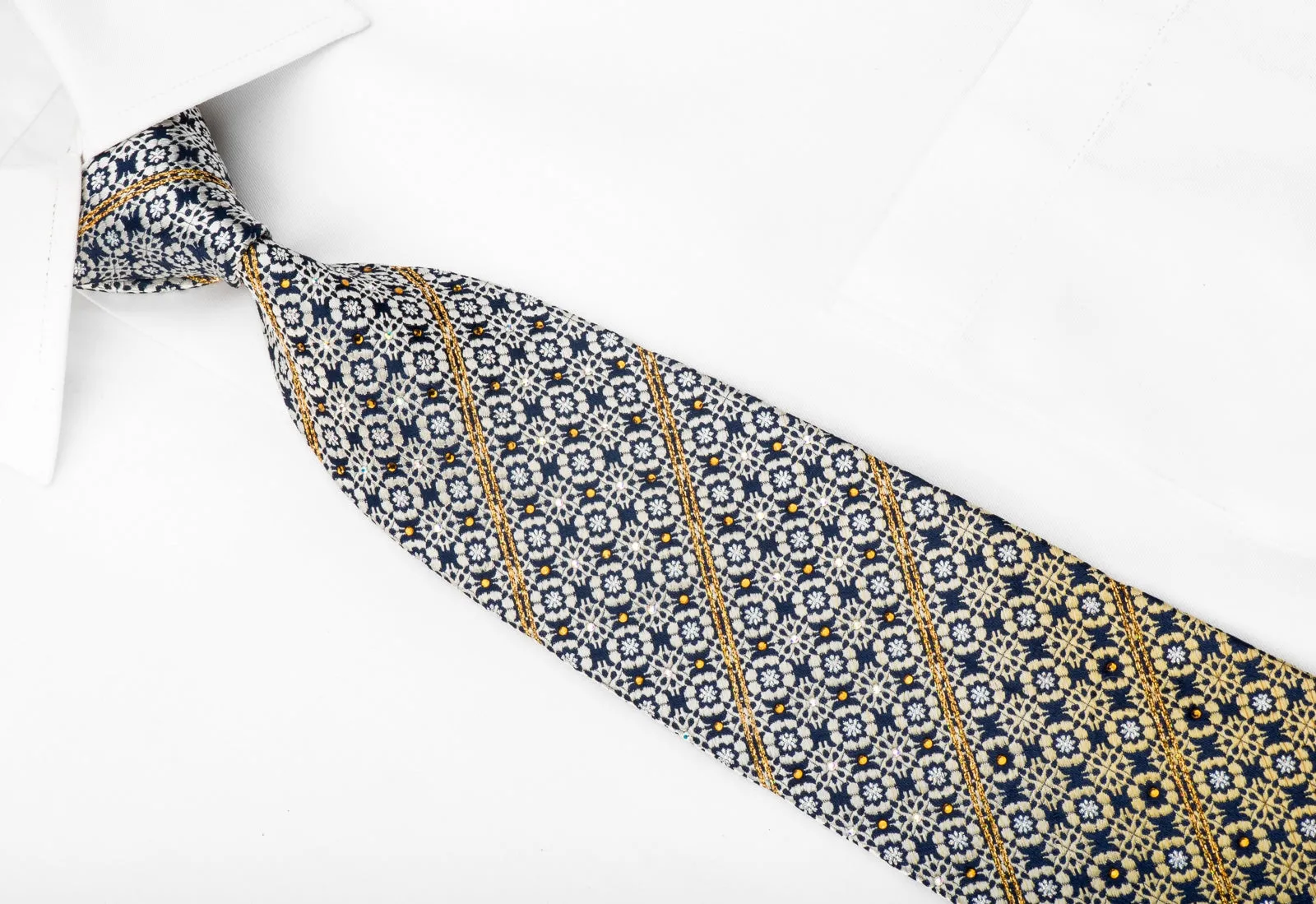 Crystal Necktie Orange Silver Geometric On Navy Silk With Gold Sparkles