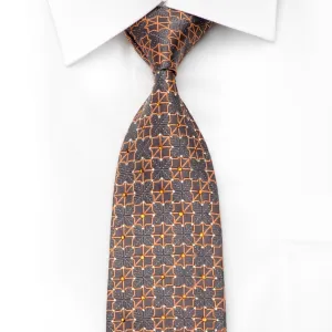 Daniel Hechter Men's Crystal Rhinestone Silk Necktie Orange Trellis On Silver Gray With Sparkle