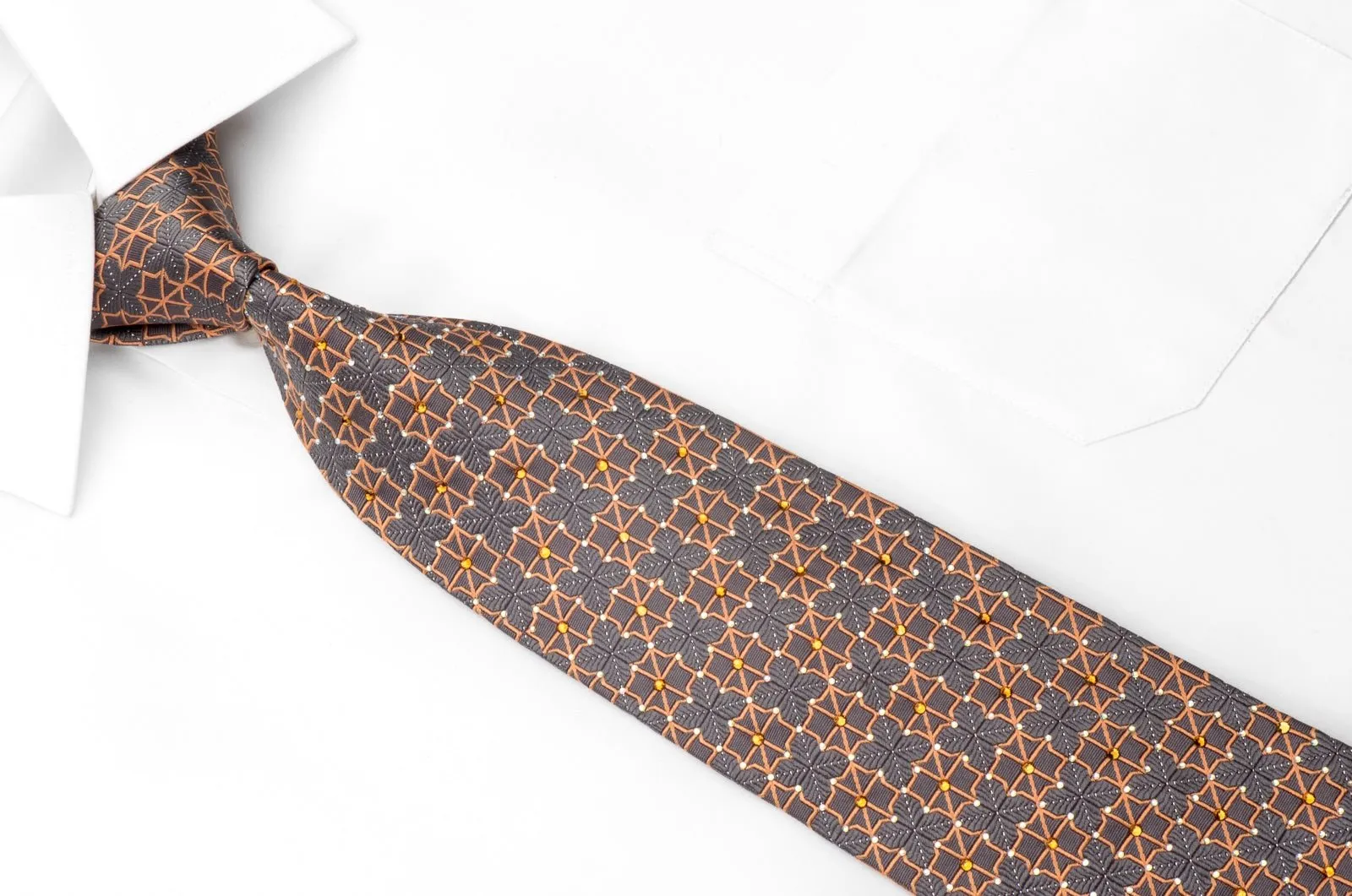 Daniel Hechter Men's Crystal Rhinestone Silk Necktie Orange Trellis On Silver Gray With Sparkle