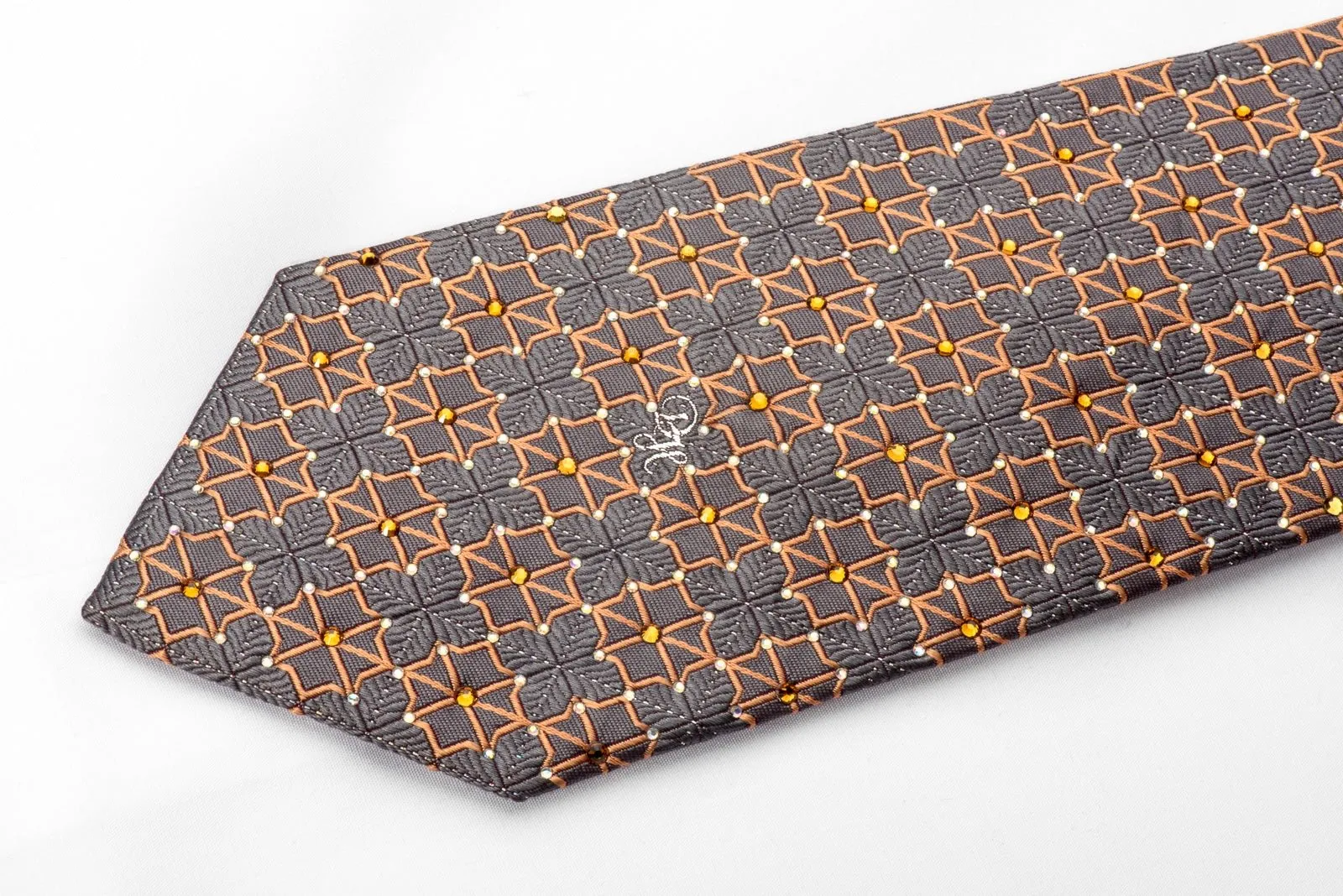 Daniel Hechter Men's Crystal Rhinestone Silk Necktie Orange Trellis On Silver Gray With Sparkle