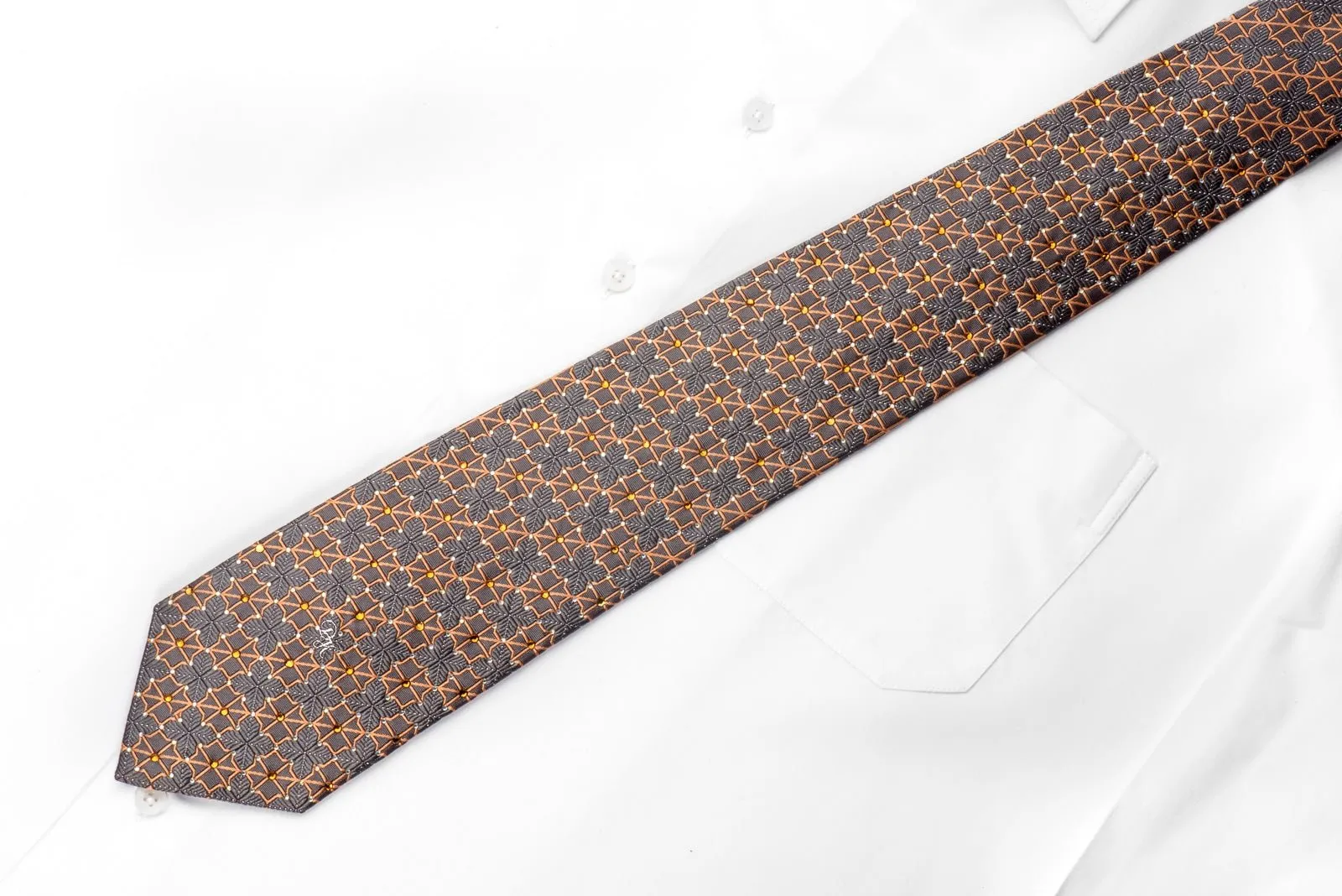 Daniel Hechter Men's Crystal Rhinestone Silk Necktie Orange Trellis On Silver Gray With Sparkle