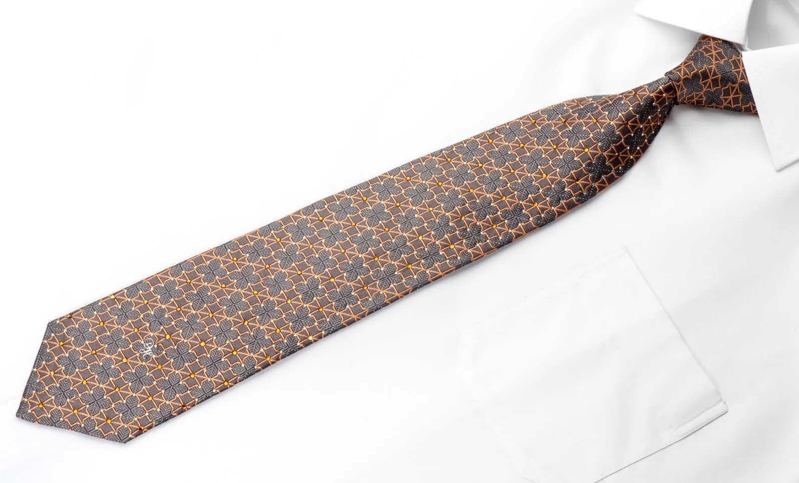 Daniel Hechter Men's Crystal Rhinestone Silk Necktie Orange Trellis On Silver Gray With Sparkle