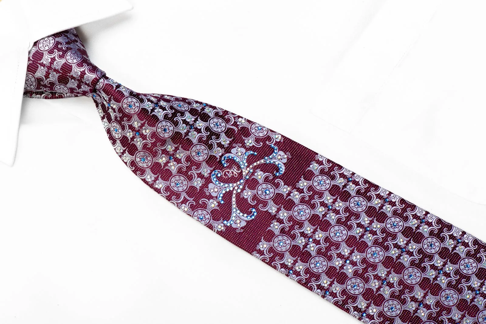 Daniel Hechter Rhinestone Silk Tie Blue Damask On Burgundy With Silver Sparkles