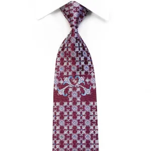 Daniel Hechter Rhinestone Silk Tie Blue Damask On Burgundy With Silver Sparkles