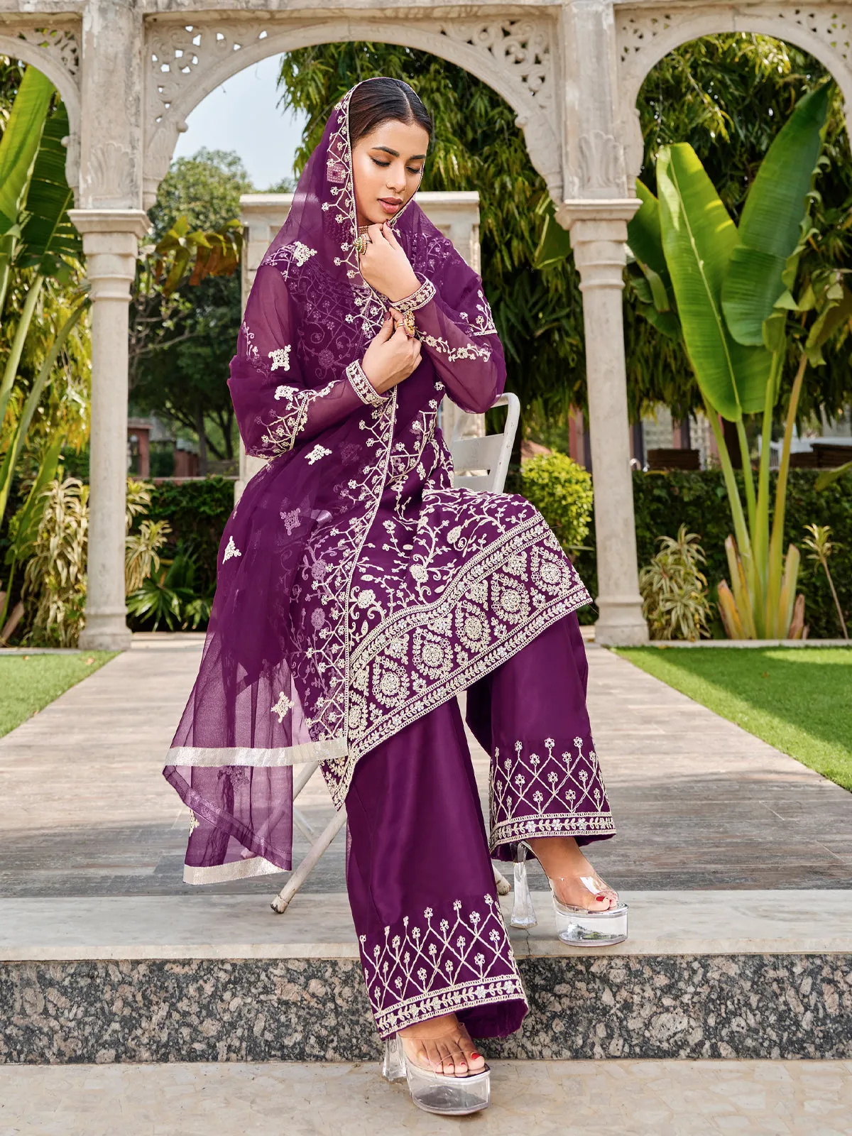 Deep Purple Thread Embroidery Festive Palazzo Suit