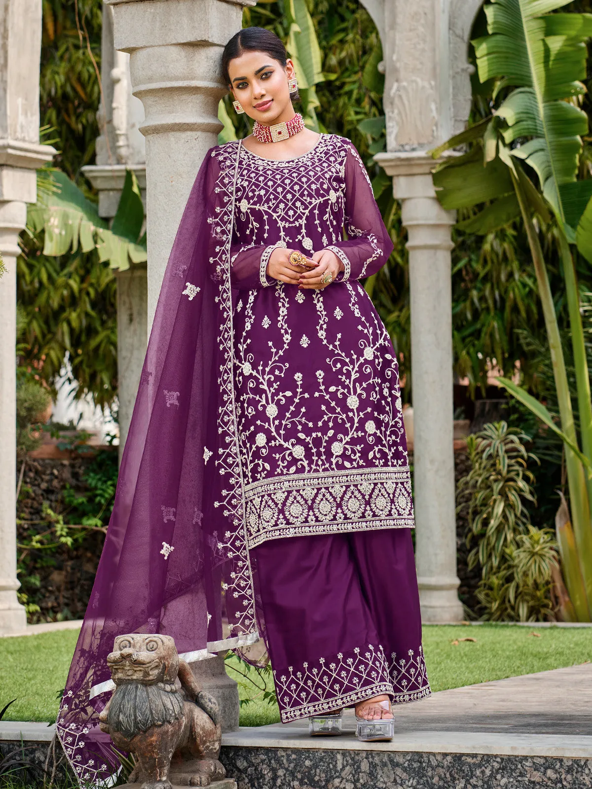 Deep Purple Thread Embroidery Festive Palazzo Suit