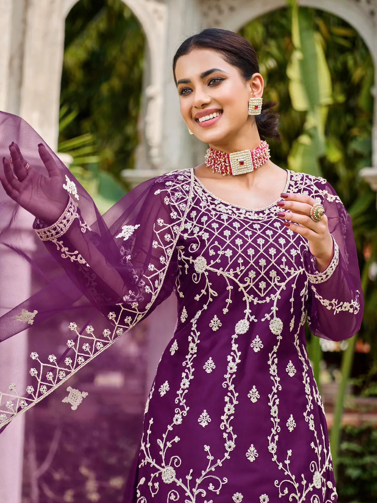 Deep Purple Thread Embroidery Festive Palazzo Suit