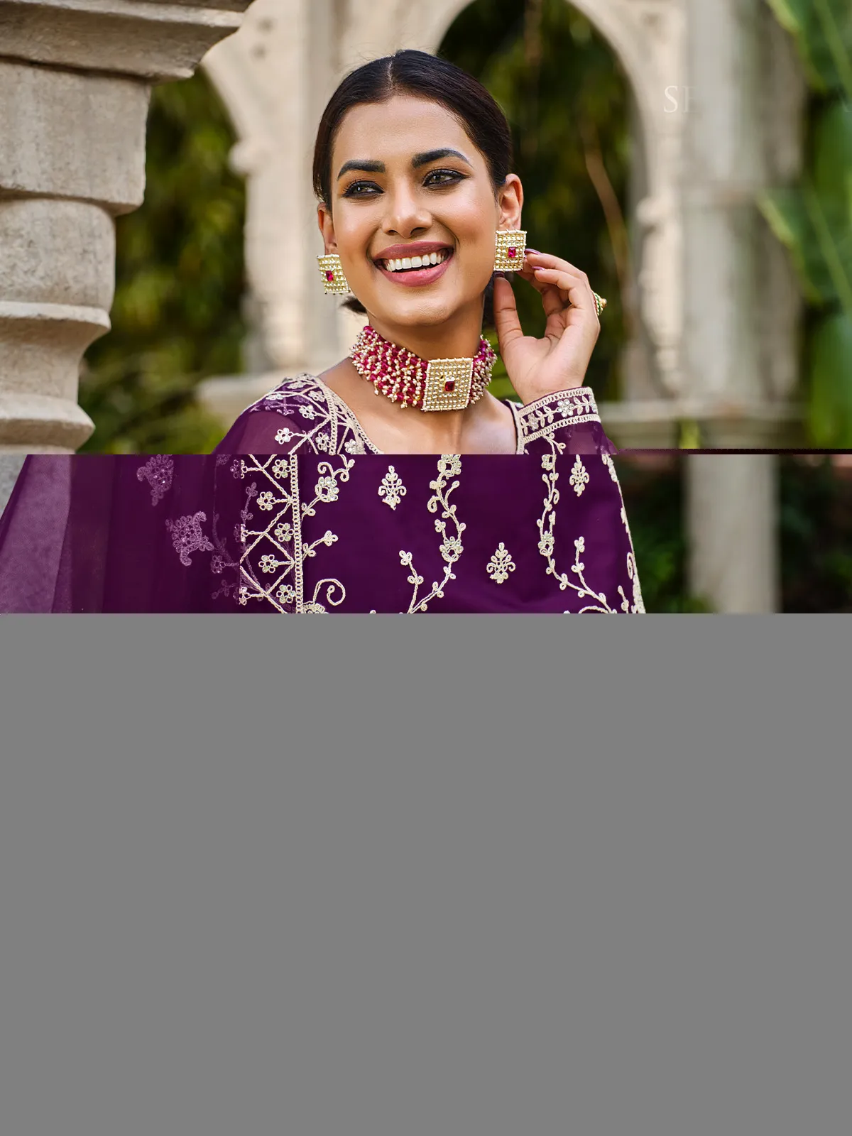 Deep Purple Thread Embroidery Festive Palazzo Suit