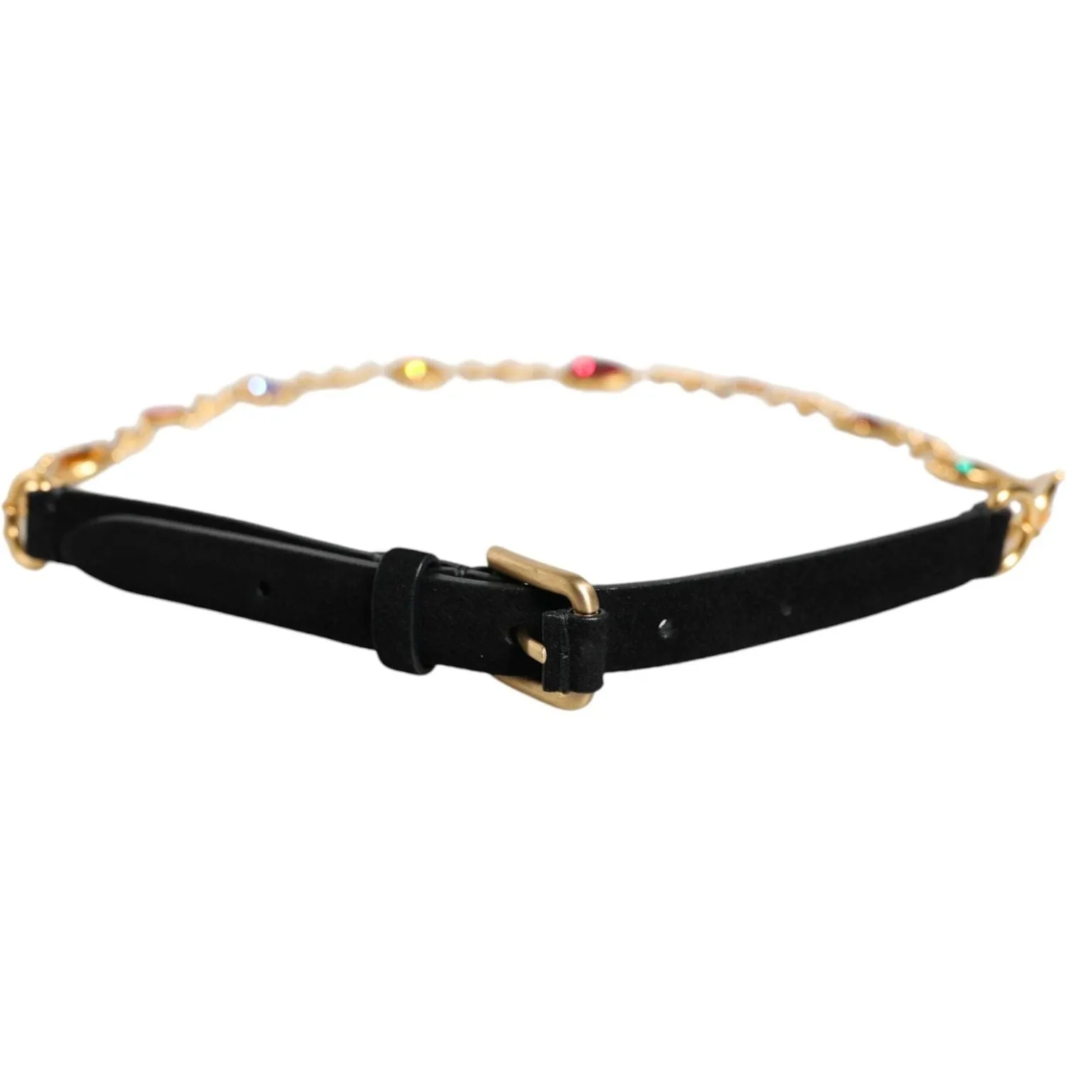 Dolce & Gabbana Black Leather Gold Brass Crystal Chain Waist Belt