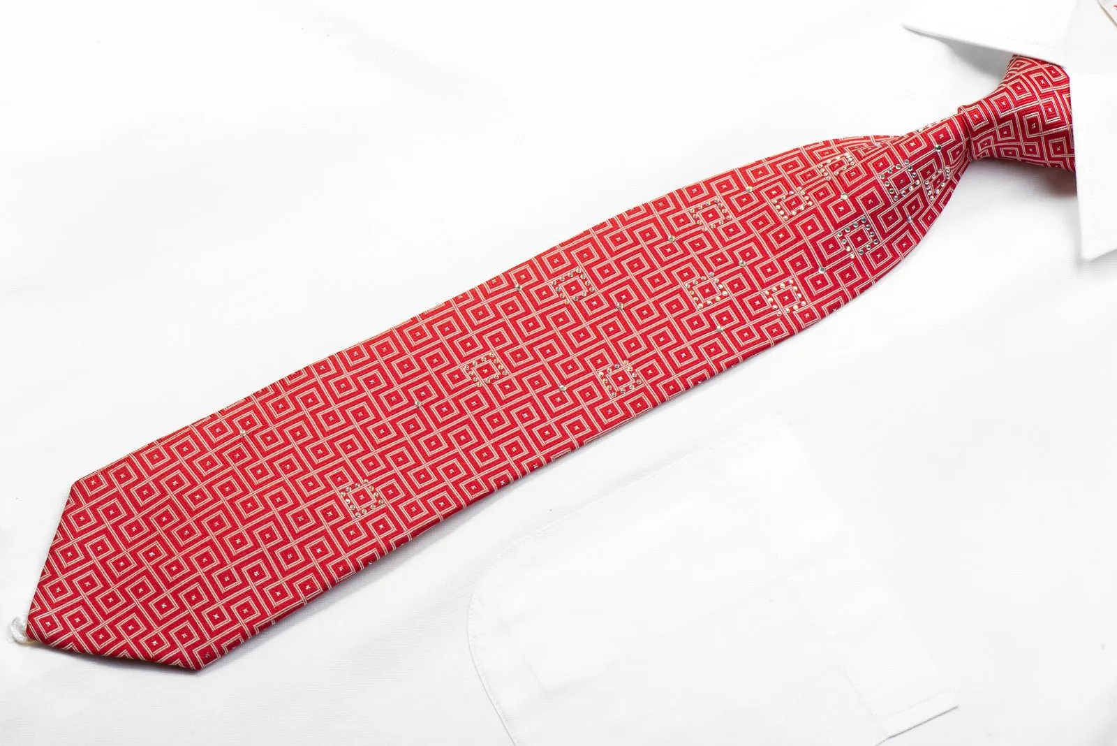 Elegance Mens Rhinestone Silk Necktie Silver Geometric On Red With Sparkles