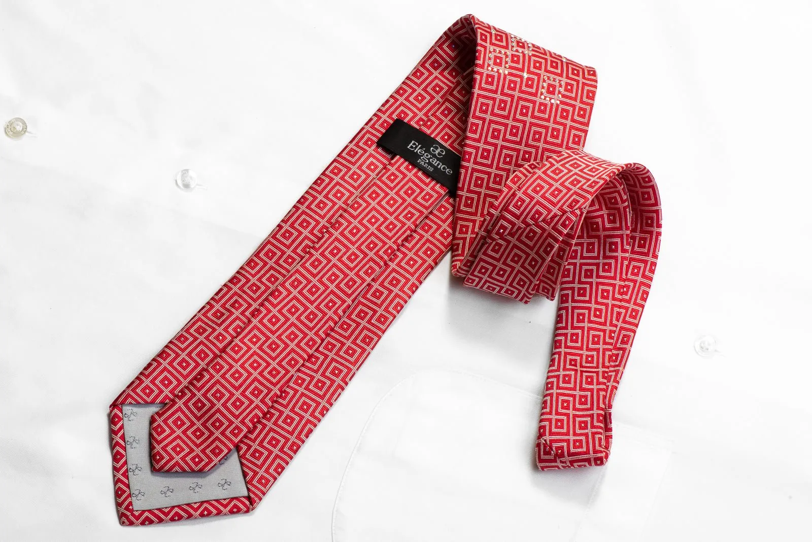 Elegance Mens Rhinestone Silk Necktie Silver Geometric On Red With Sparkles