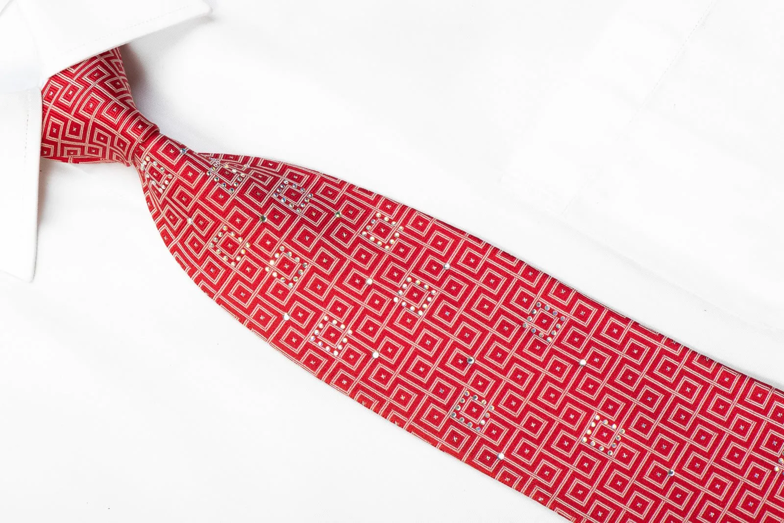 Elegance Mens Rhinestone Silk Necktie Silver Geometric On Red With Sparkles