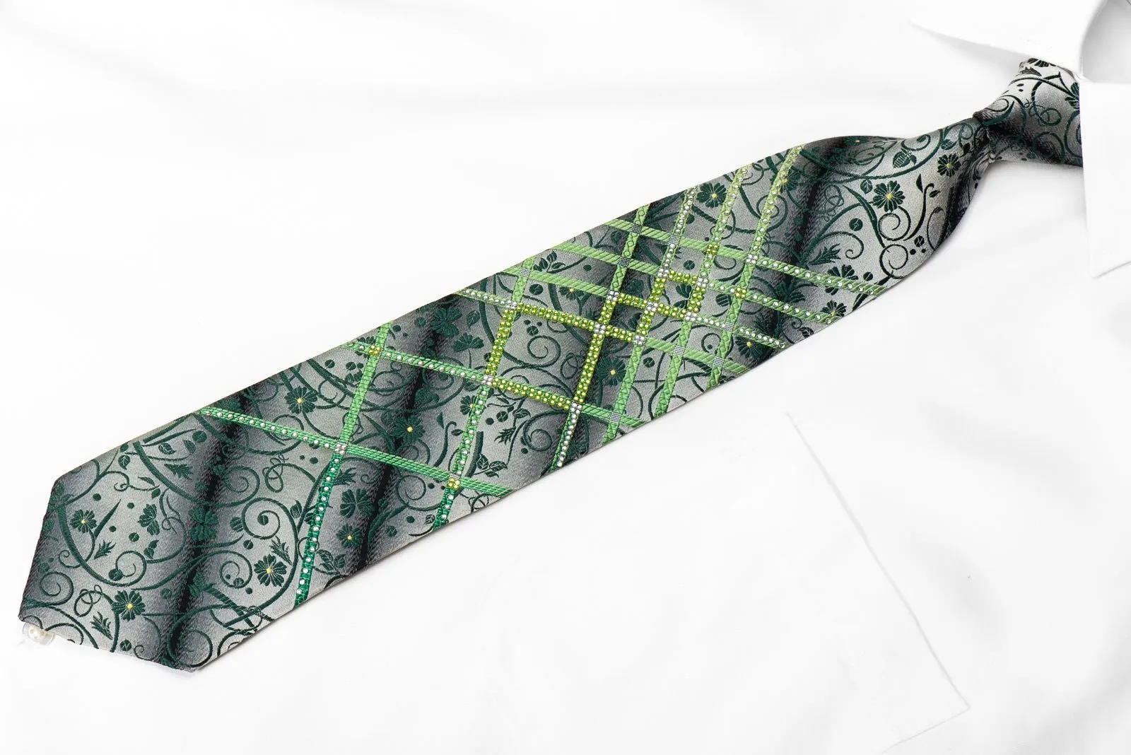 Elle Homme Men's Crystal Rhinestone Silk Necktie Green Floral Scrolls Striped On Silver With Sparkles