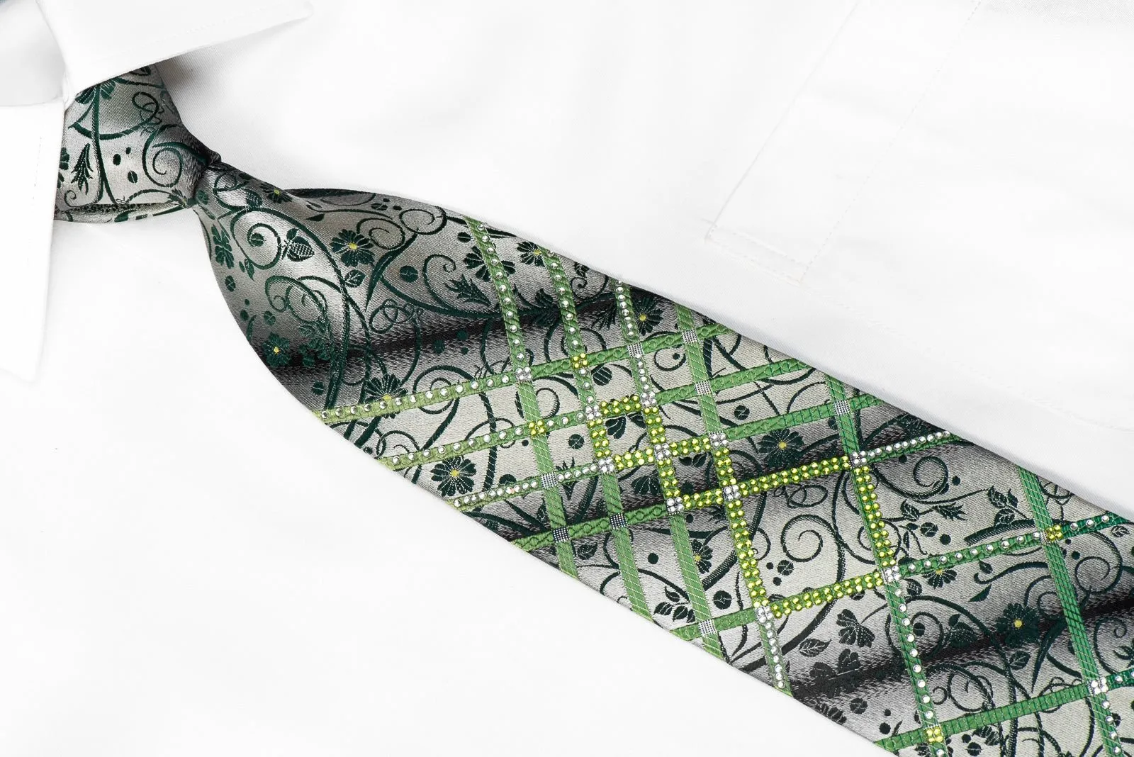 Elle Homme Men's Crystal Rhinestone Silk Necktie Green Floral Scrolls Striped On Silver With Sparkles