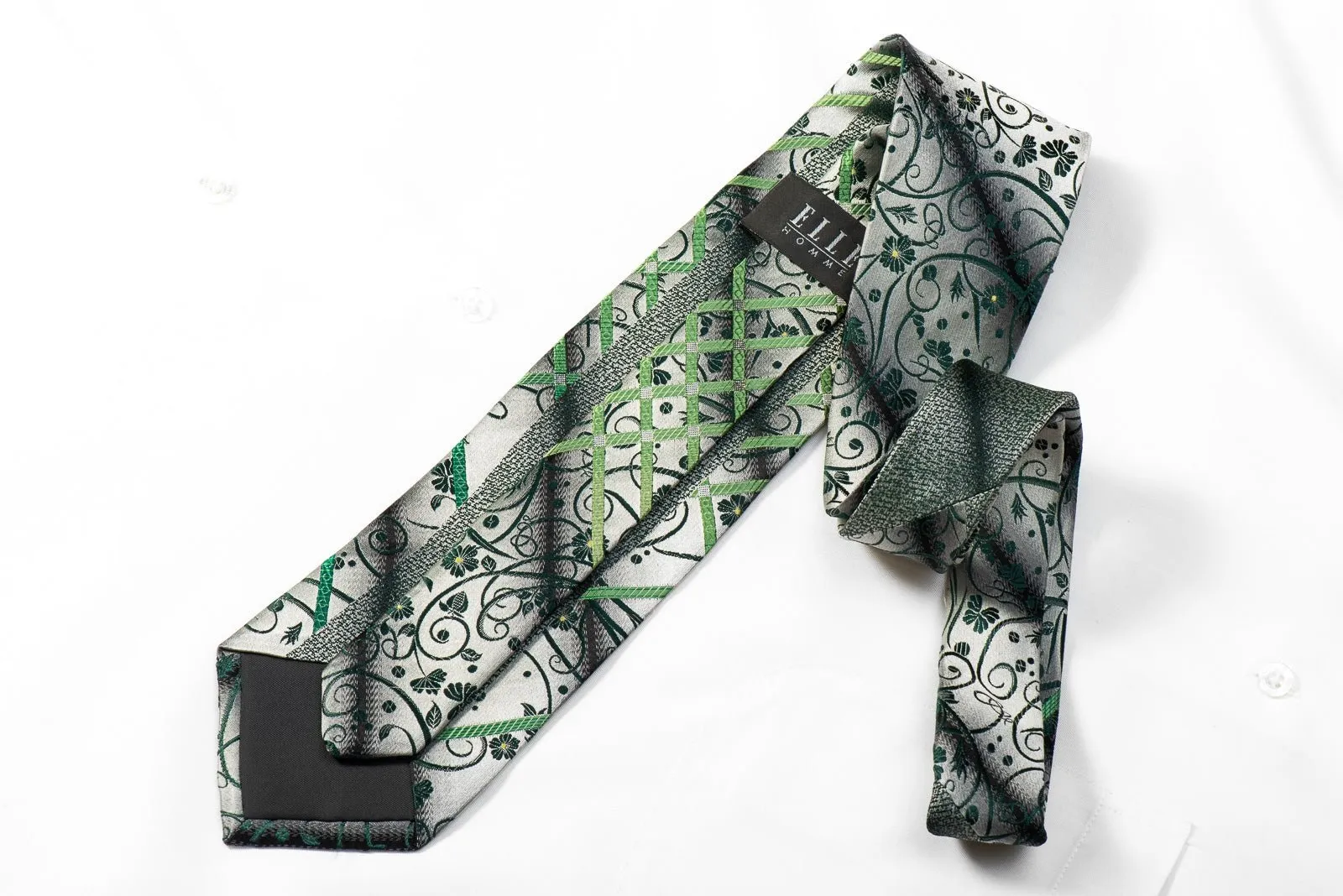 Elle Homme Men's Crystal Rhinestone Silk Necktie Green Floral Scrolls Striped On Silver With Sparkles