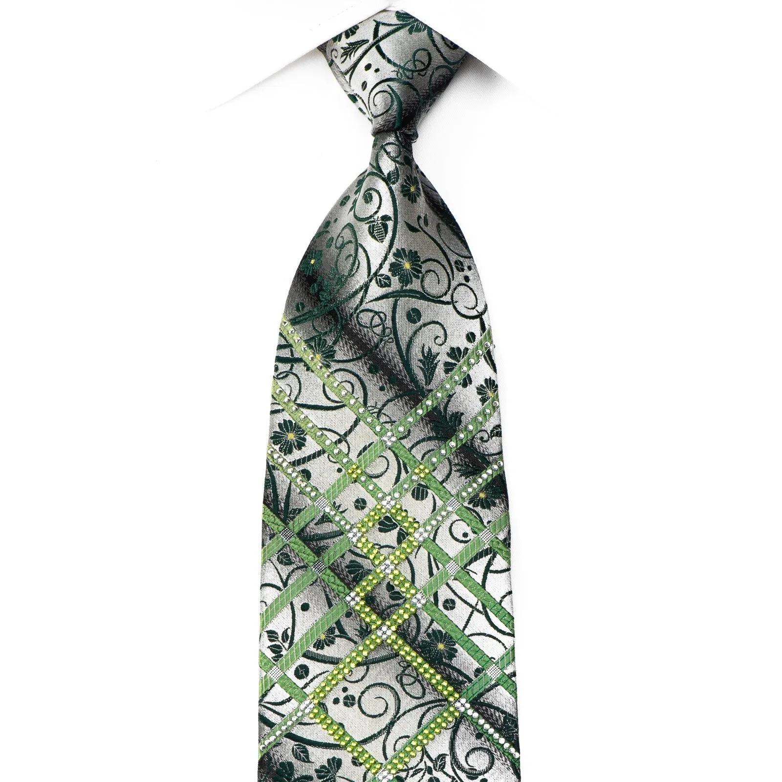 Elle Homme Men's Crystal Rhinestone Silk Necktie Green Floral Scrolls Striped On Silver With Sparkles