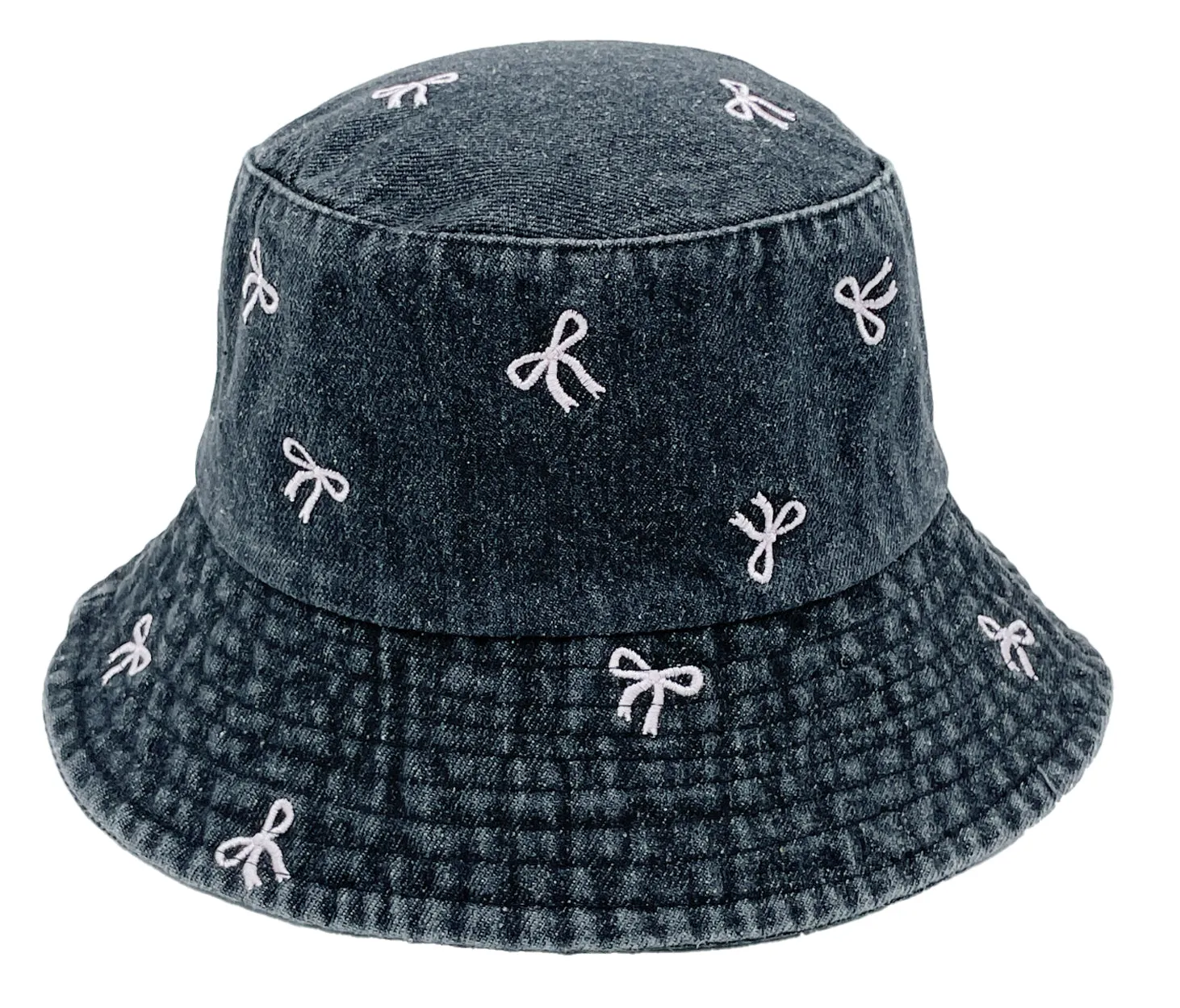 Embroidered Bow Denim Bucket Hat