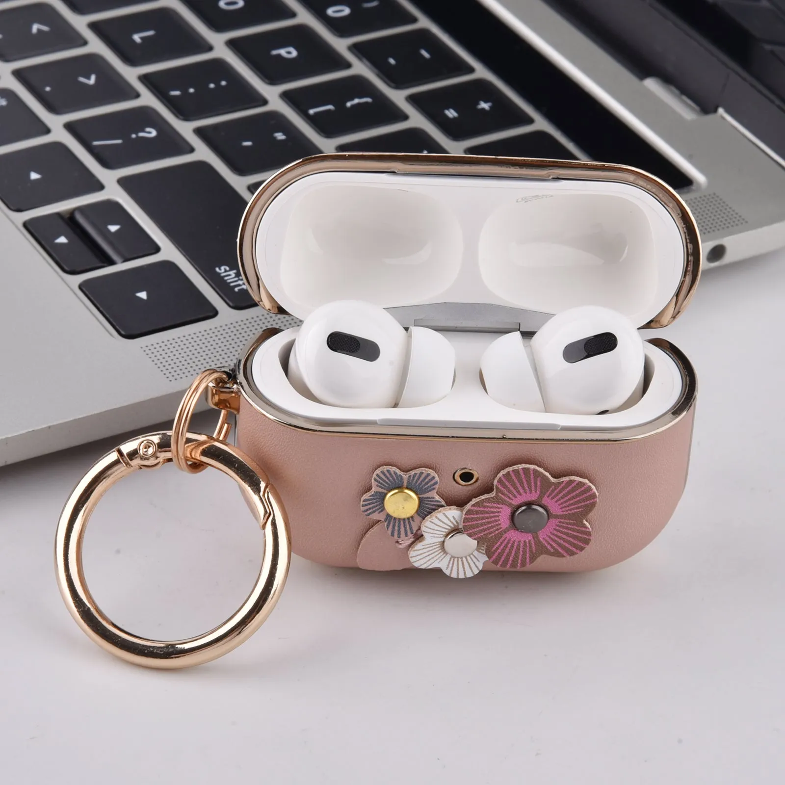 Genuine Leather Case for Apple AirPods Pro with Keychain-Floral Designs