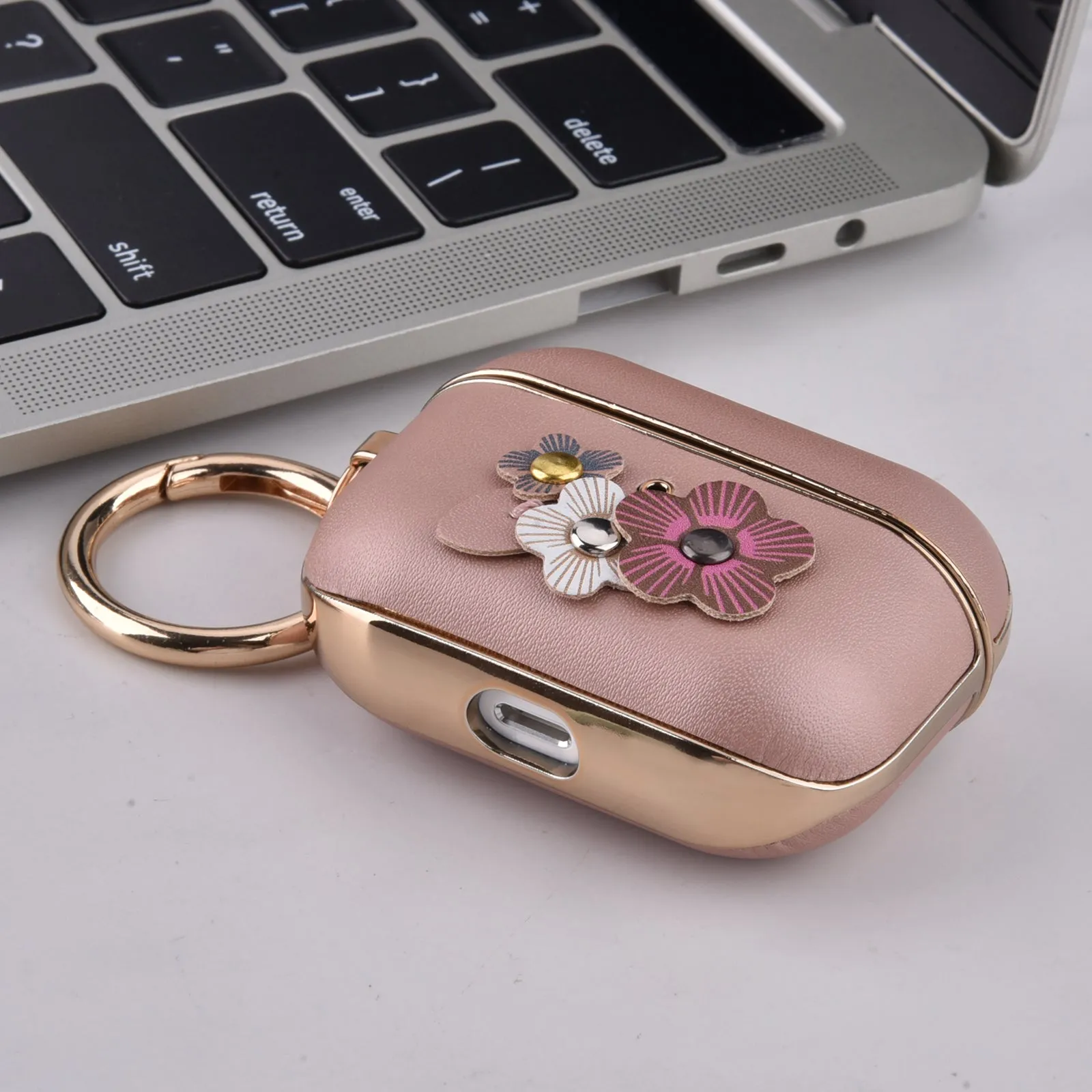 Genuine Leather Case for Apple AirPods Pro with Keychain-Floral Designs