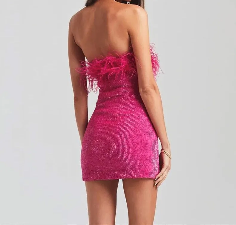 Glitter Feather Mini Dress in Hot Pink