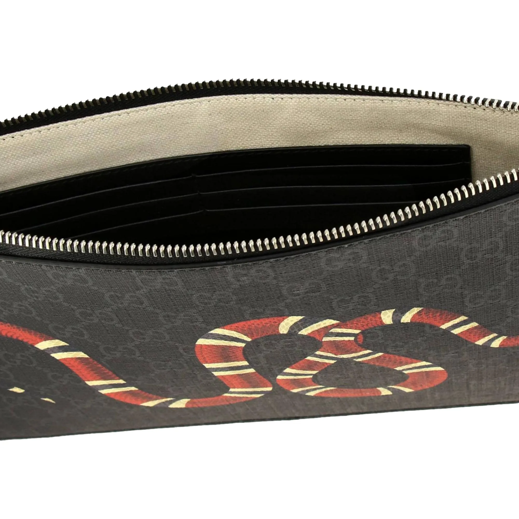 Gucci Bestiary Kingsnake Black GG Supreme Canvas Wristlet Clutch