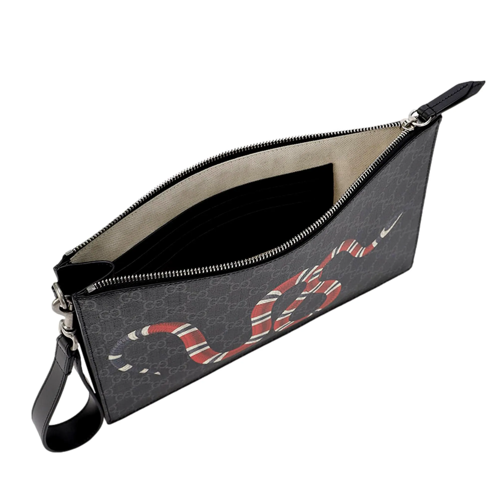 Gucci Bestiary Kingsnake Black GG Supreme Canvas Wristlet Clutch